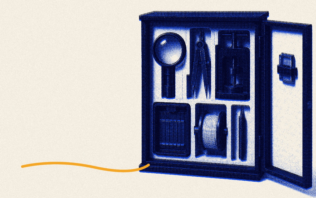 The Proof Cabinet working library, an organized instrument plate of blue, navy, and amber objects on ivory paper.